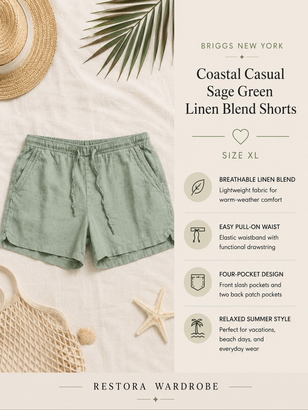 Briggs Sage Green Linen Blend Pull-On Drawstring Shorts XL Summer Coastal Casual